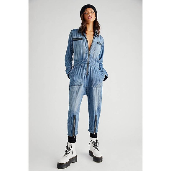Free People Pants - Free People Sandrine Rose Striped Denim Jumpsuit